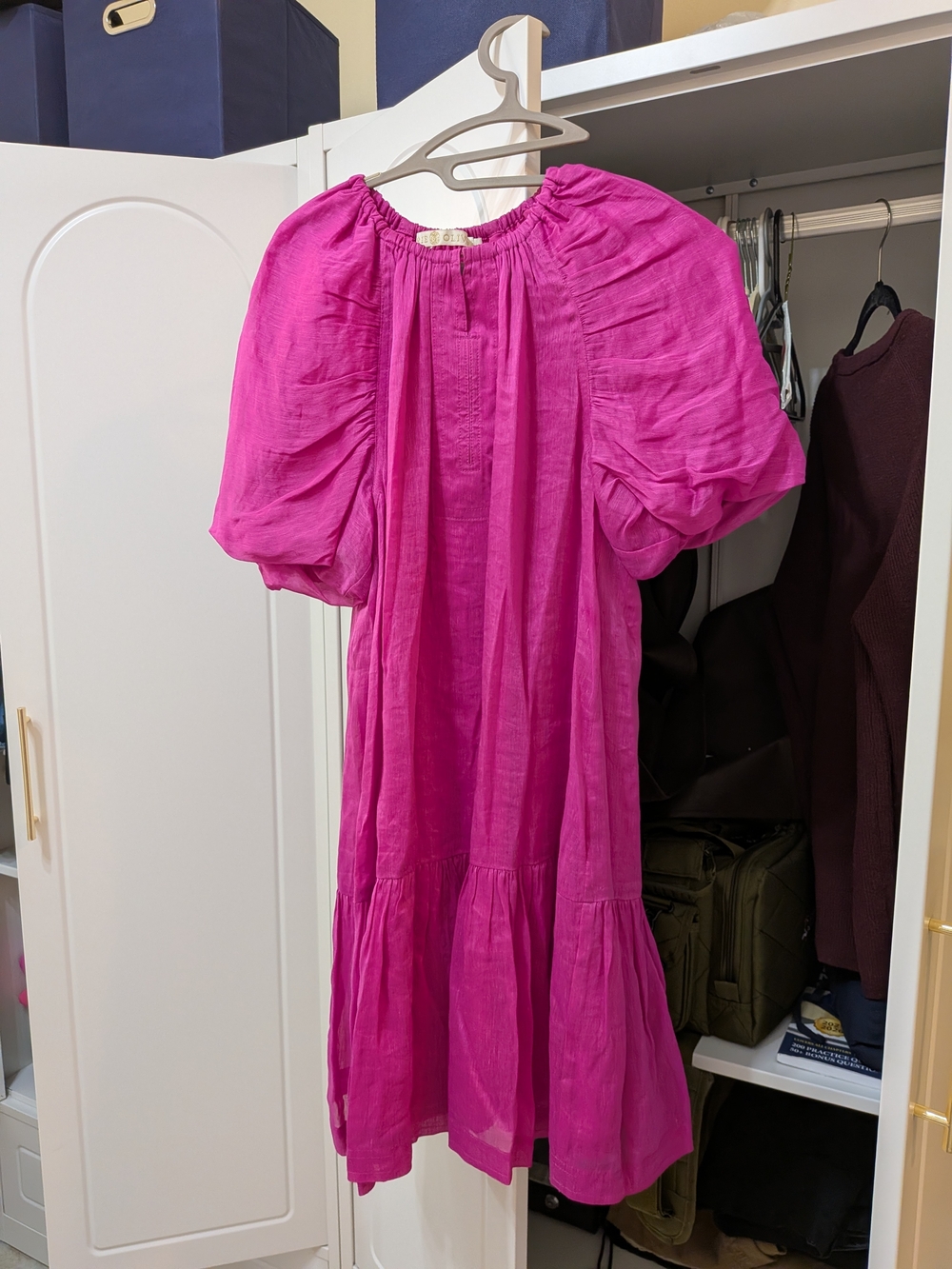 Marie Oliver Hot Pink Puff-Sleeve Tiered Dress